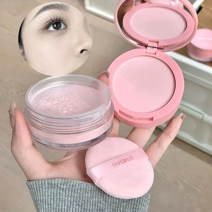 Rose pink Blushimmer loose setting powder with lavender purple pressed powder for waterproof, oil control, and concealer use.