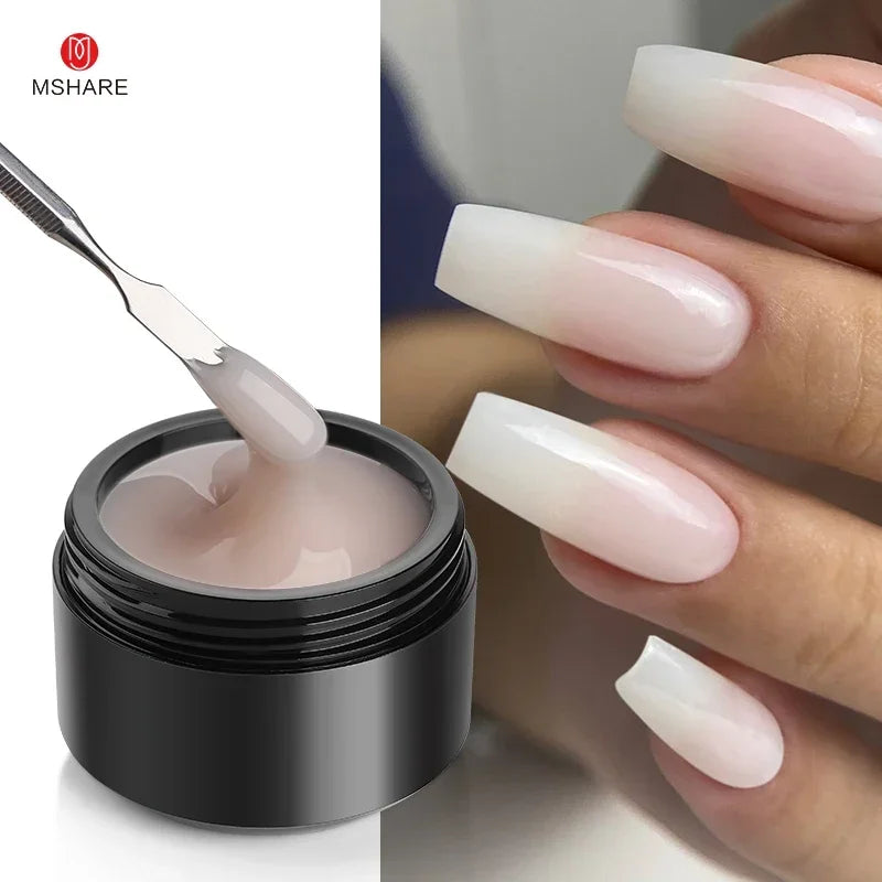 Blushimmer MSHARE 50ml pink gel builder for nail extension, UV and LED self-leveling gel, free from TPO, natural nail construction.