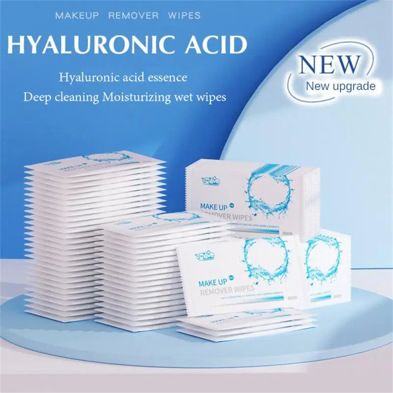Set of 1, 5, or 10 Blushimmer hyaluronic acid makeup remover wet wipes for gentle eye, lip, and face makeup removal.