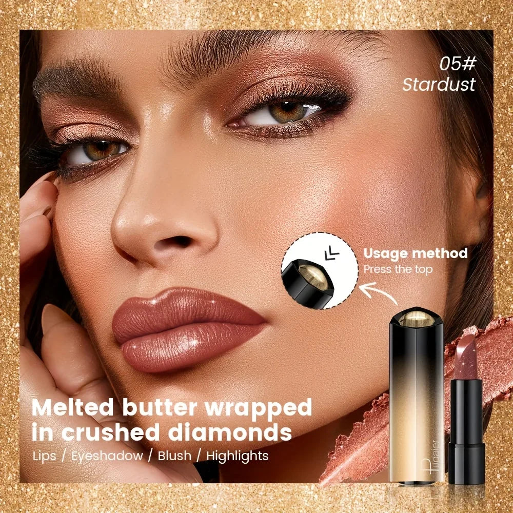 Blushimmer metallic shimmer lipstick with pearly glitter shine, creamy texture, and high color payoff for vibrant party makeup.