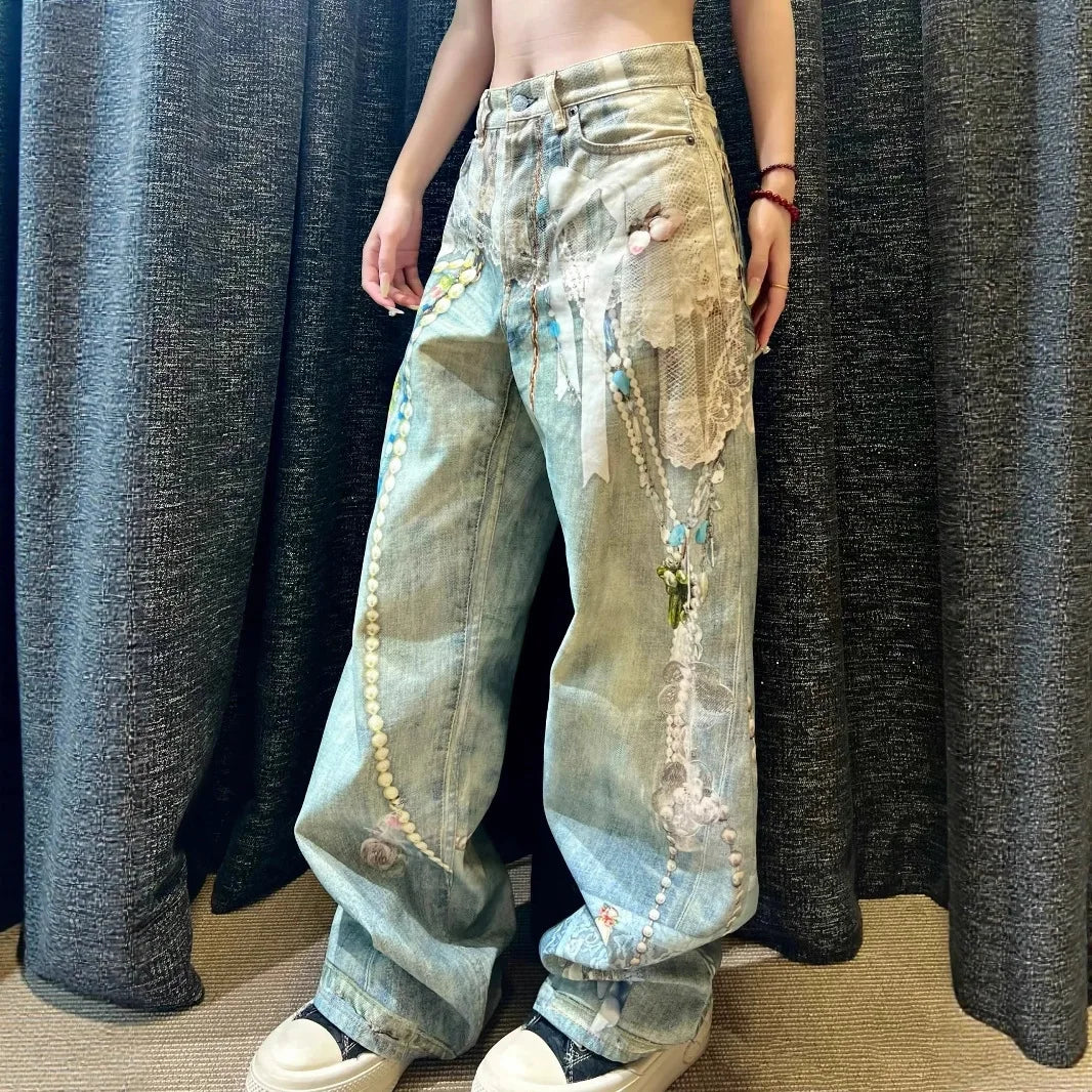Fashionable Niche 3D Printed Lace Pearl Print Chain Straight Long Pants for Women, Fashion Denim Trousers, Street Jeans Ladies