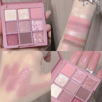 Blushimmer DIKALU Spring Summer Eyeshadow Palette with rosy shades, nine-pan layout, and smoky powder for soft, natural looks