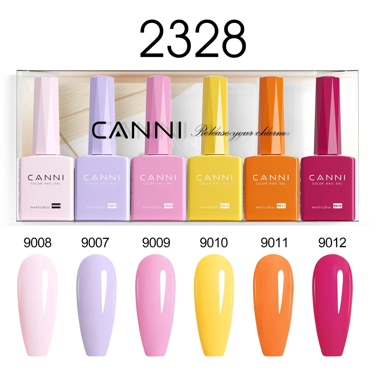 Blushimmer CANNI HEMA FREE nail gel polish set with six 9ml semi-permanent, pigmented UV and LED soak-off gel colors.