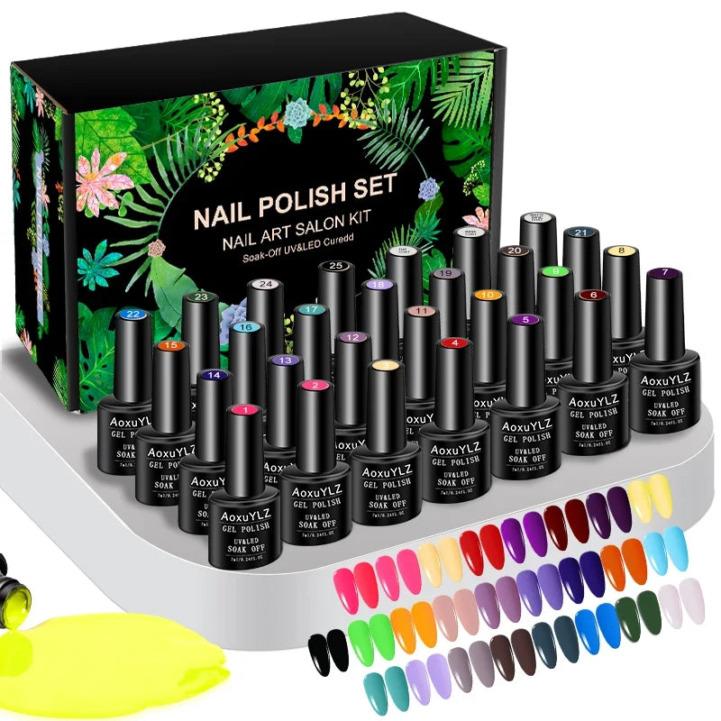 Set of 28 colorful gel nail polish bottles by Blushimmer, including matte top coat and base coat in red, pink, and vibrant shades.