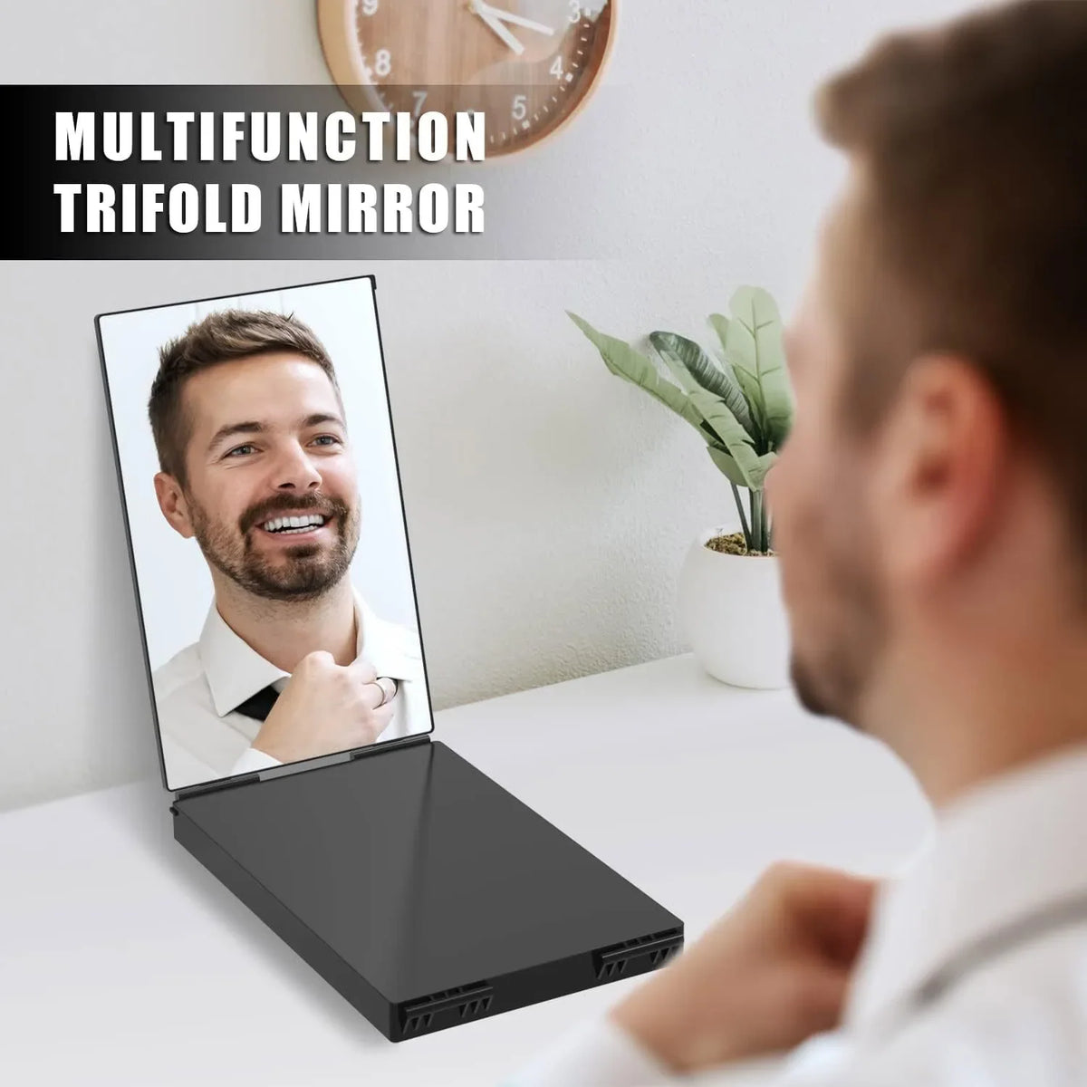 Blushimmer 3-way compact trifold mirror for self hair cutting, portable black vanity mirror for men and women.