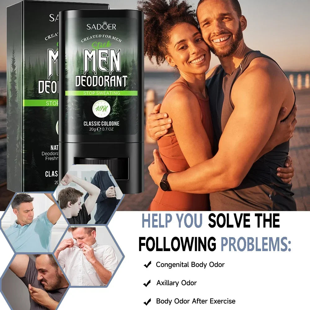 Blushimmer men's sandalwood deodorant stick for anti-sweating, odor removal, and underarm freshness with lasting fragrance.