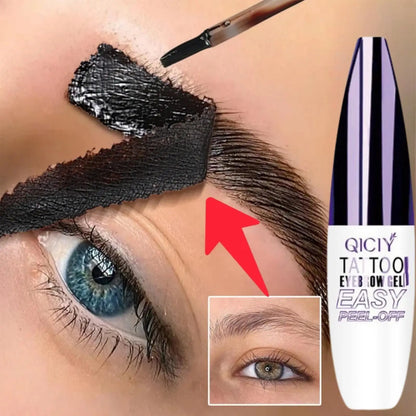 Blushimmer Peel Off Eyebrow Tattoo Tint in waterproof dye cream gel, shown on skin with defined, natural-looking eyebrows.