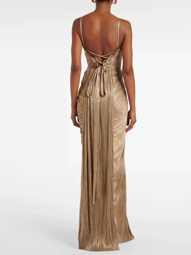 Antique gold low back lace-up party dress by Luxlife Brands, featuring elegant design and intricate lace details.