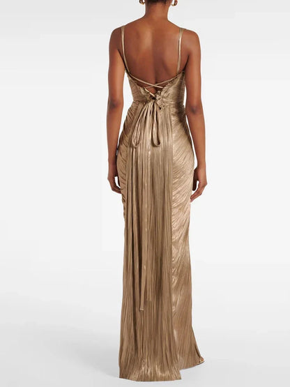 Antique gold low back lace-up party dress by Luxlife Brands, featuring elegant design and intricate lace details.