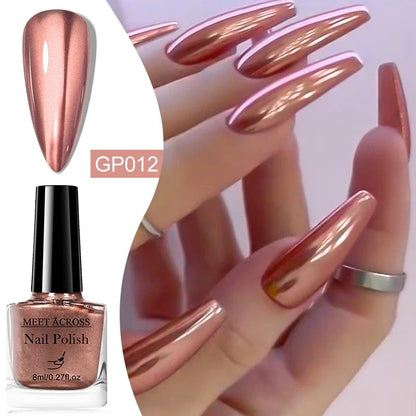 Blushimmer 8ml mirror metallic nail polish bottle with shiny, multi-tone finish for salon-quality, long-lasting DIY manicures.