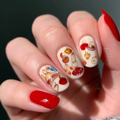 Set of 24 glossy almond false nails by Blushimmer with dark green forest mushroom pattern, gold sequins, French style, press-on design