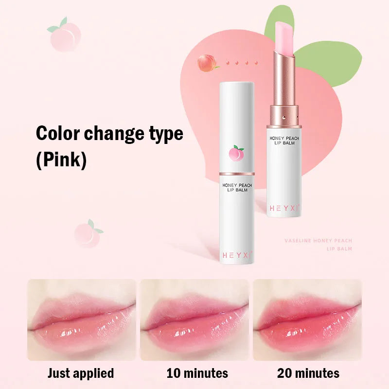 Blushimmer Honey Peach Lip Balm and Color Change Lipstick showing moisturized, plump lips with a natural peach tint.