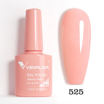 Venalisa Blushimmer glitter full coverage pink nude gel polish for UV and LED nails with French design and soak-off formula.