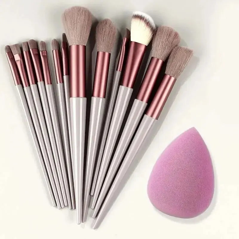 Set of soft, fluffy Blushimmer makeup brushes for foundation, powder, eyeshadow, and blending in a professional cosmetic tool collection.