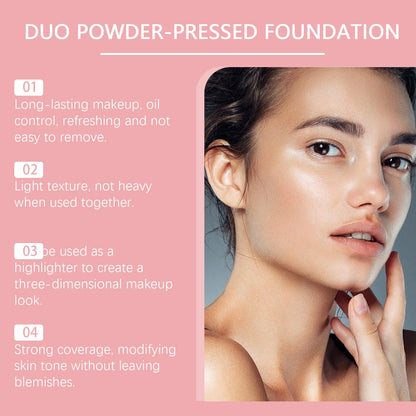 Blushimmer full coverage pressed powder foundation with oil control, brightening, waterproof finish, and flawless face makeup setting.