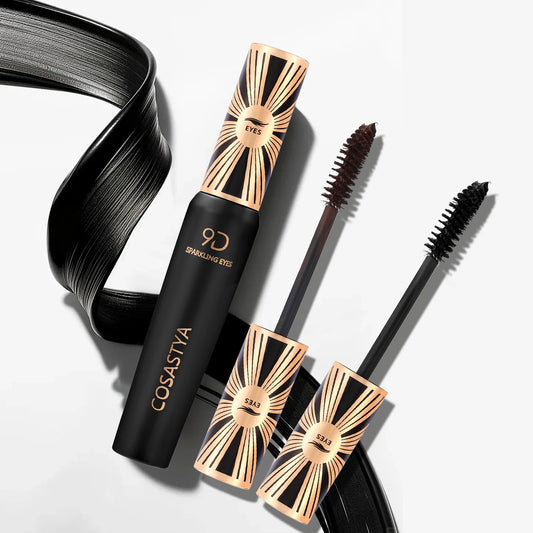 Cosastya 9D waterproof black mascara by Blushimmer showing a mascara wand with volumizing, curling, long-lasting formula.