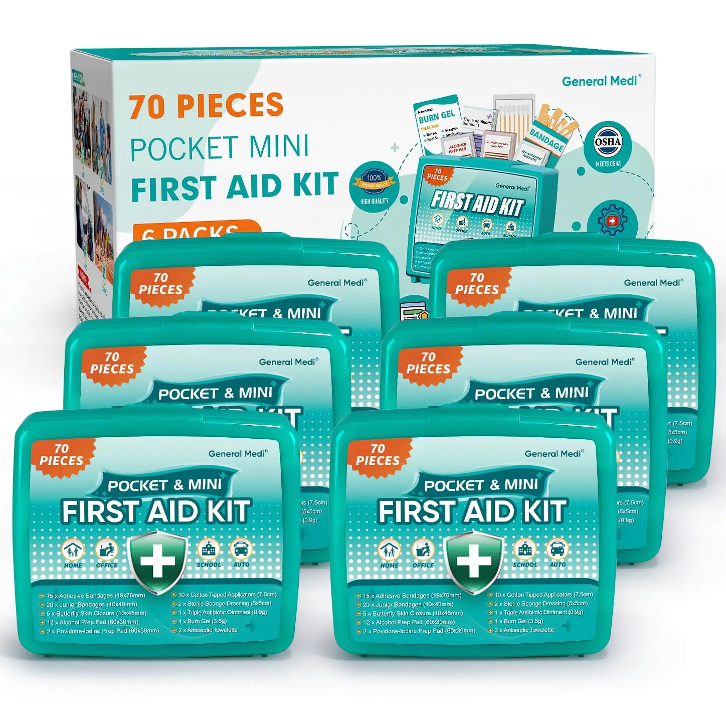 General Medi 420 Piece First Aid Kit 6 Individual Boxes of 70 Items Each - Contains Premium Medical Supplies for Travel Home Office Vehicle Camping Workplace & Outdoor (420 pcs 6 Pack)