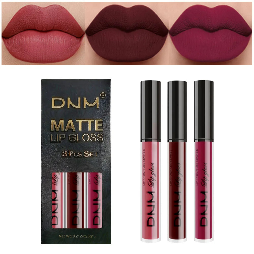 Set of three waterproof liquid lipsticks by Blushimmer in red, blue, and purple with matte finish and nude lip tint stain.