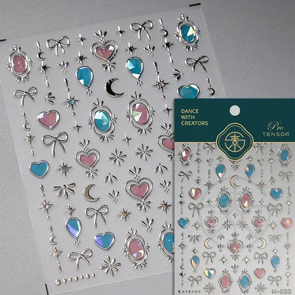 Colorful Cat's Eye 5D gradient nail art stickers with European love heart and wing crystals for elegant manicure designs.