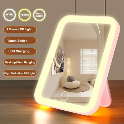 Blushimmer LED vanity mirror with touch screen, USB rechargeable, three brightness levels, portable makeup mirror in three colors