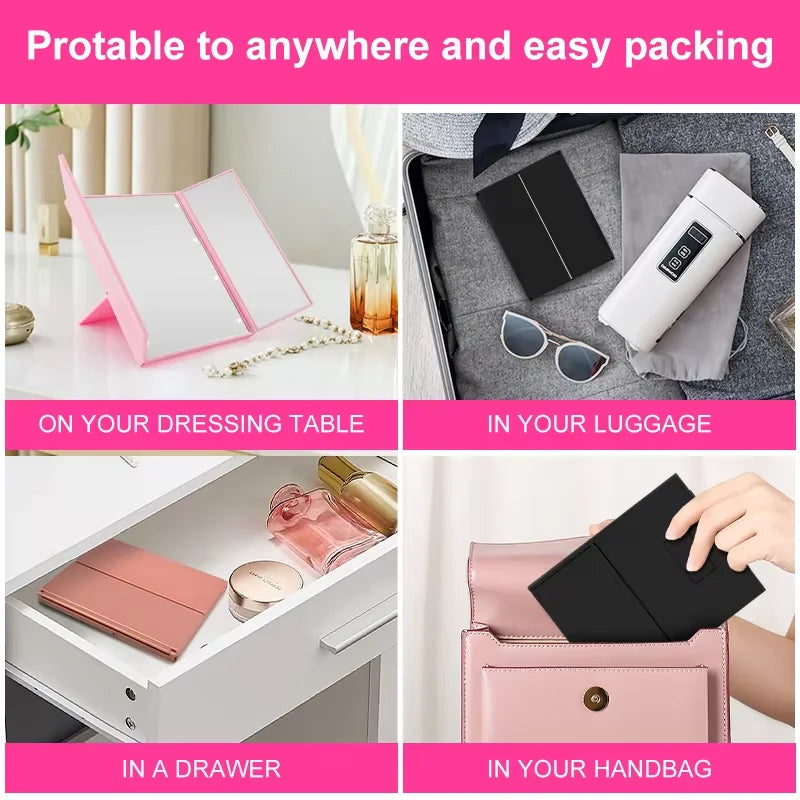 Blushimmer portable three-sided LED makeup mirror with adjustable brightness for travel and on-the-go touch-ups.