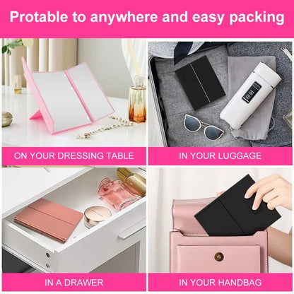 Blushimmer portable three-sided LED makeup mirror with adjustable brightness for travel and on-the-go touch-ups.