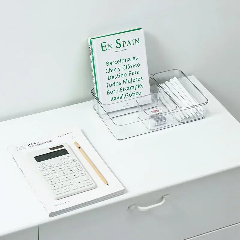 Blushimmer transparent plastic desk storage box with multiple compartments for jewelry, makeup, and small items organization.