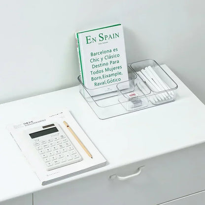 Blushimmer transparent plastic desk storage box with multiple compartments for jewelry, makeup, and small items organization.