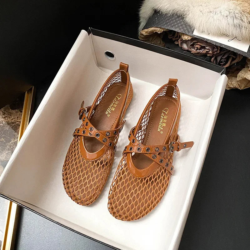 Mesh Brand Ballet Flats Women Rivet Belt Buckle Fashion Sandals Ladies Comfort Hollow Designer Breathable Mary Jane Shoes Woman
