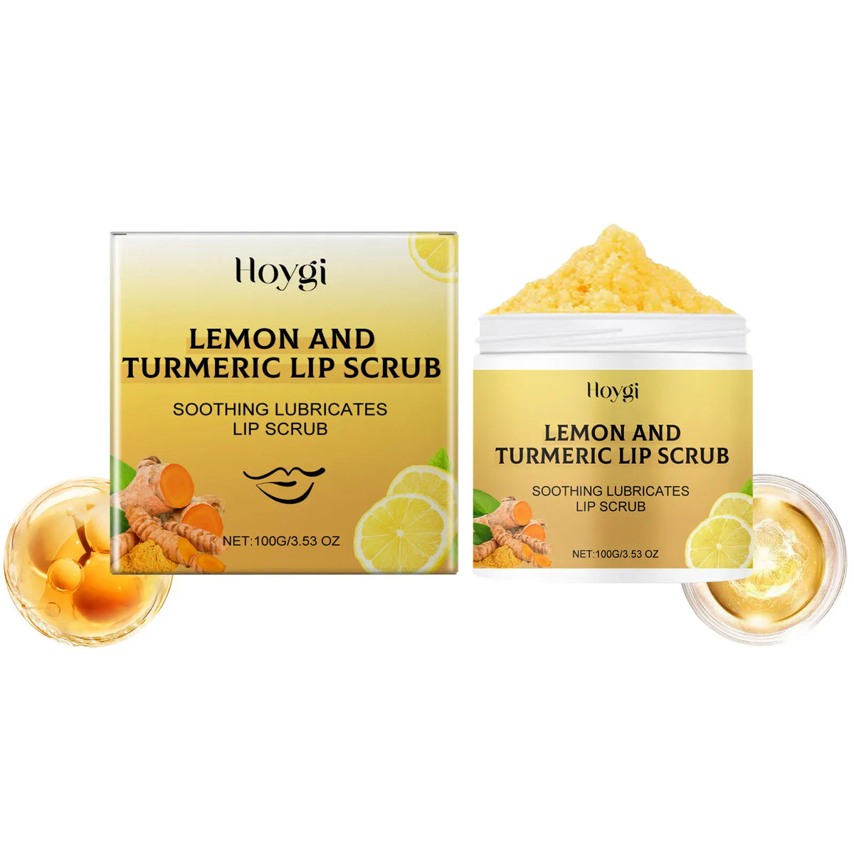 Blushimmer turmeric lip scrub with exfoliating texture, moisturizing and nourishing lips, reducing dead skin and lip lines.