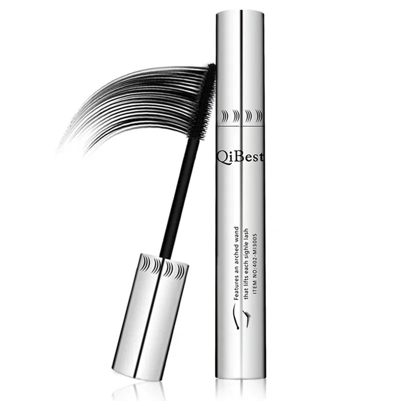 Blushimmer 4D Silk Fiber Waterproof Mascara with thickening and lengthening 3D lashes, black lash extension makeup in a wand and brush image.