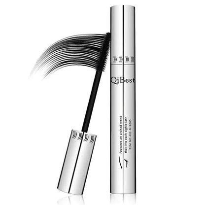Blushimmer 4D Silk Fiber Waterproof Mascara with thickening and lengthening 3D lashes, black lash extension makeup in a wand and brush image.