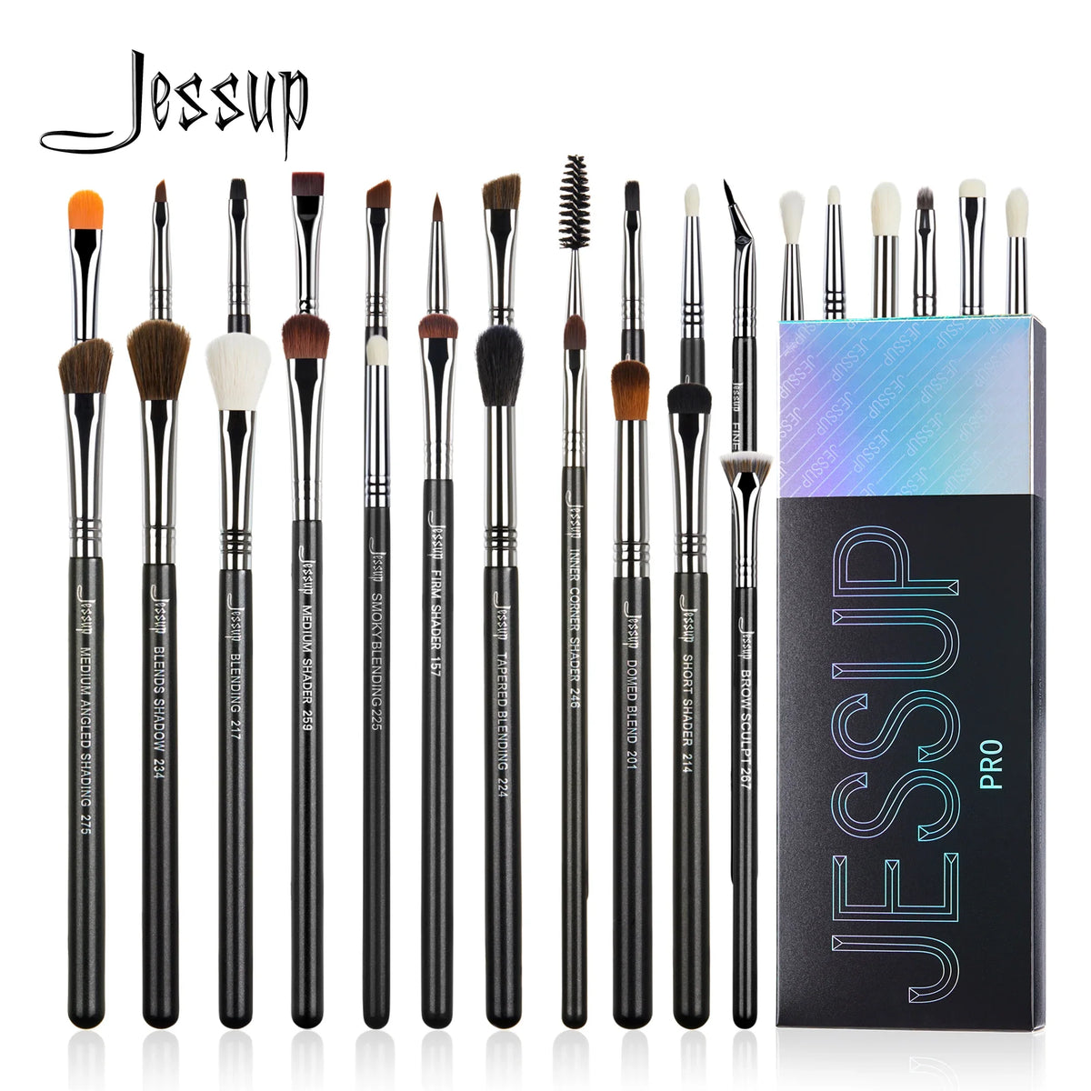 Blushimmer Jessup eye makeup brushes set with synthetic blending and eyeshadow brushes, including eyebrow and crease shader tools.