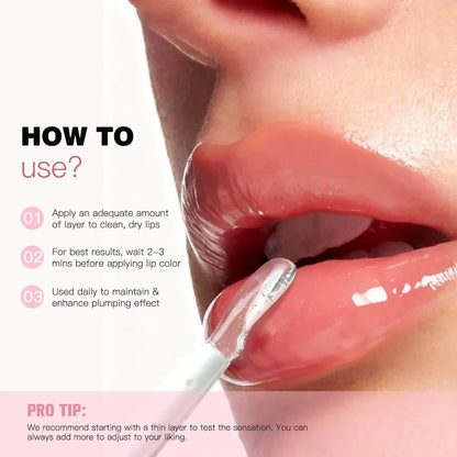 Blushimmer Lip Plumper Reedle Shot serum displaying a transparent, moisturizing, anti-wrinkle lip gloss for sexy, plump lips.