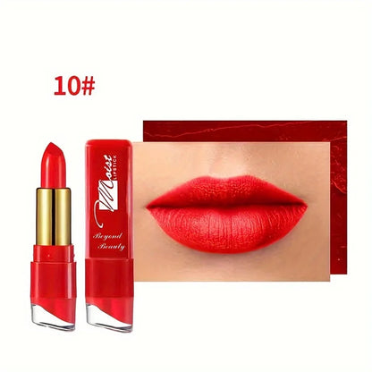 Assorted 12 colors of Blushimmer creamy moisturizing lipstick, long-lasting lip makeup for women and beginners, leaning tower display.