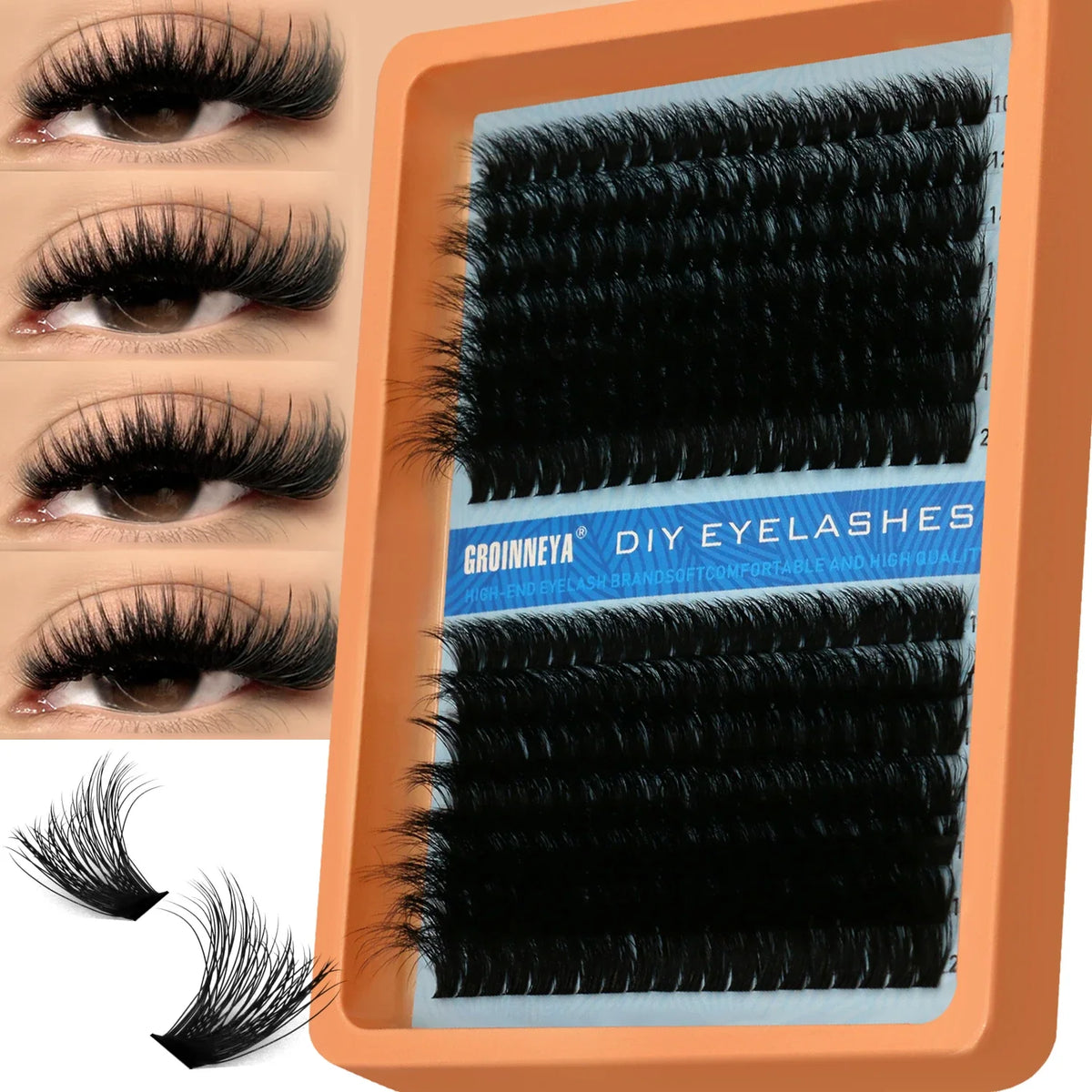 Blushimmer GROINNEYA thick DIY eyelash clusters with D/DD curl, wispy style, for eyelash extensions and false lash application.