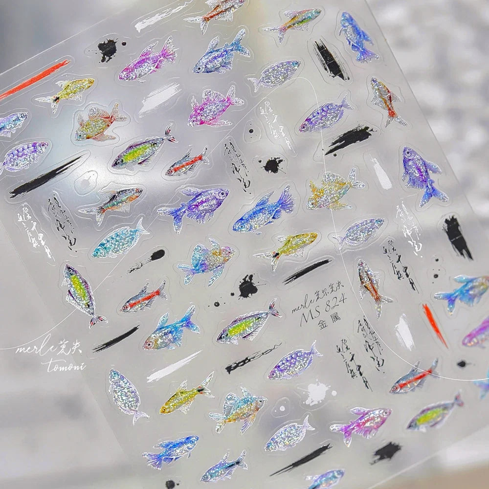 5D Metal Fish Nail Art Stickers Tiny Ocean Shoal of Fish Foil Waves Summer Beach Self Adhesive Decoration Manicure Decal DIY
