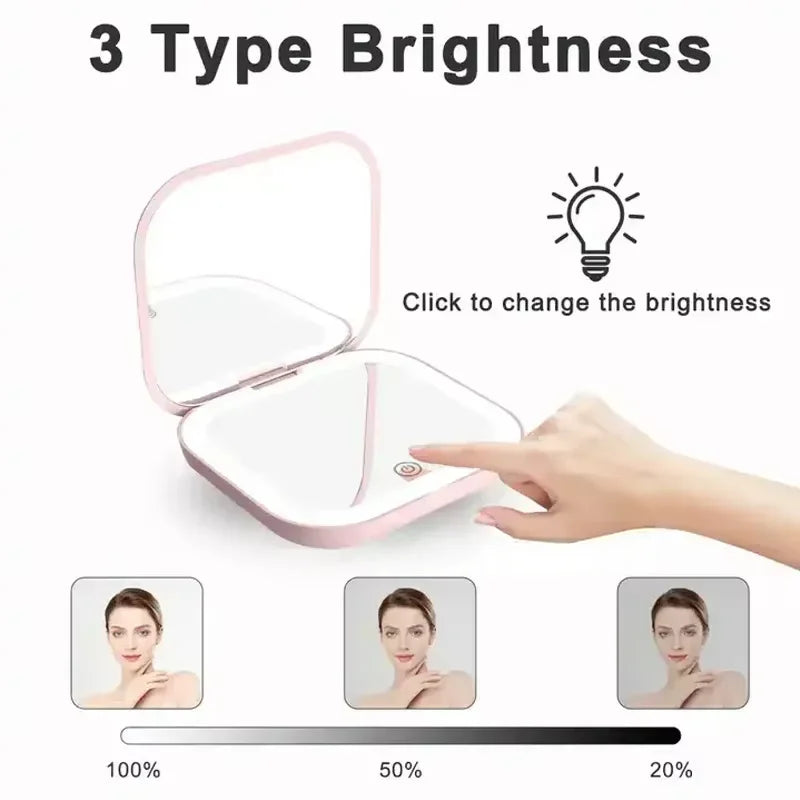 Blushimmer 2X magnifying compact vanity makeup mirror with LED lights, portable folding design, ideal for travel and detailed makeup application