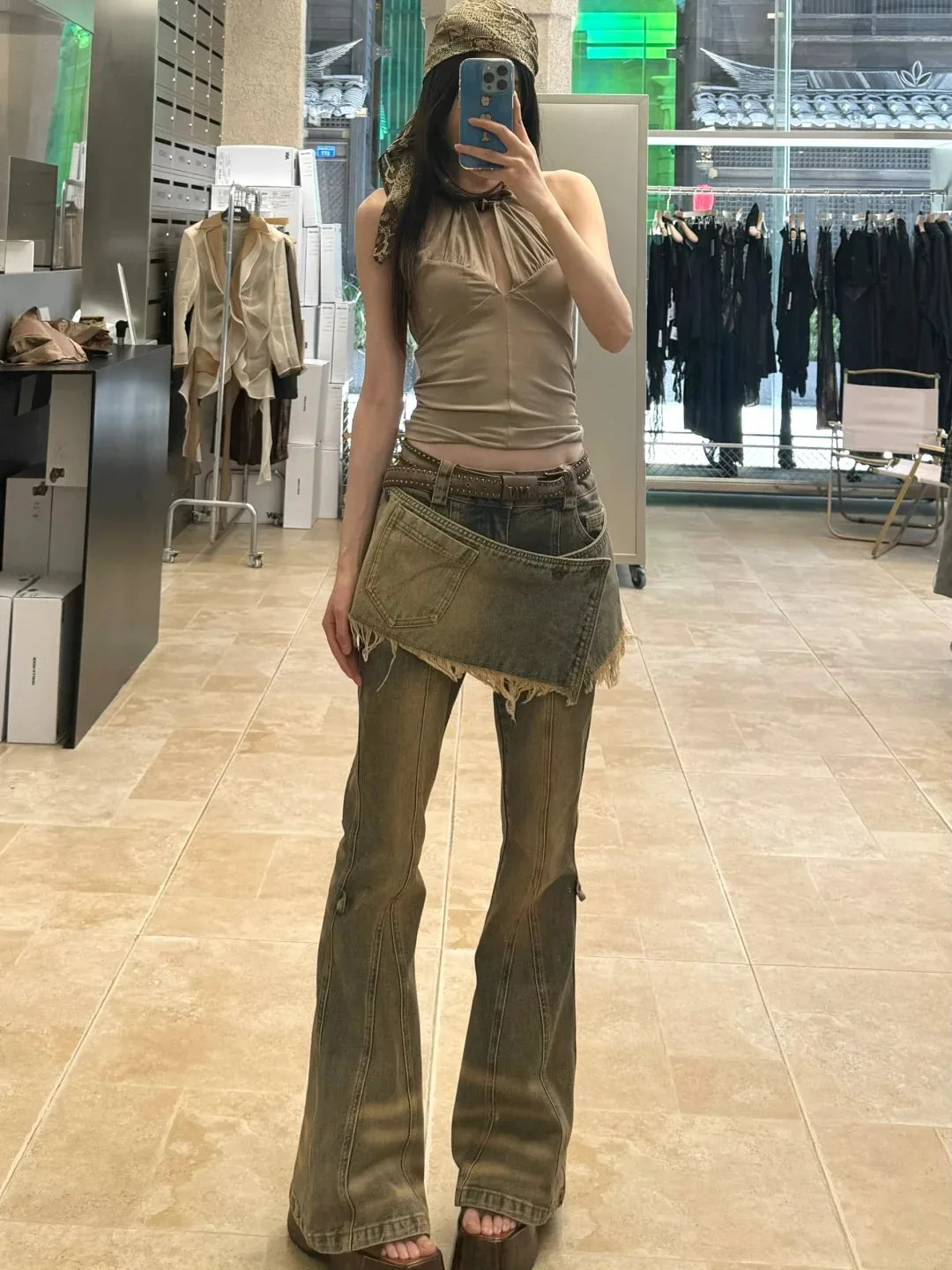 Women's Vintage Y2k Flare Jeans with Skirt Harajuku Baggy Denim Pants Japanese 2000s Style Denim Trouser Oversize Clothes 2025