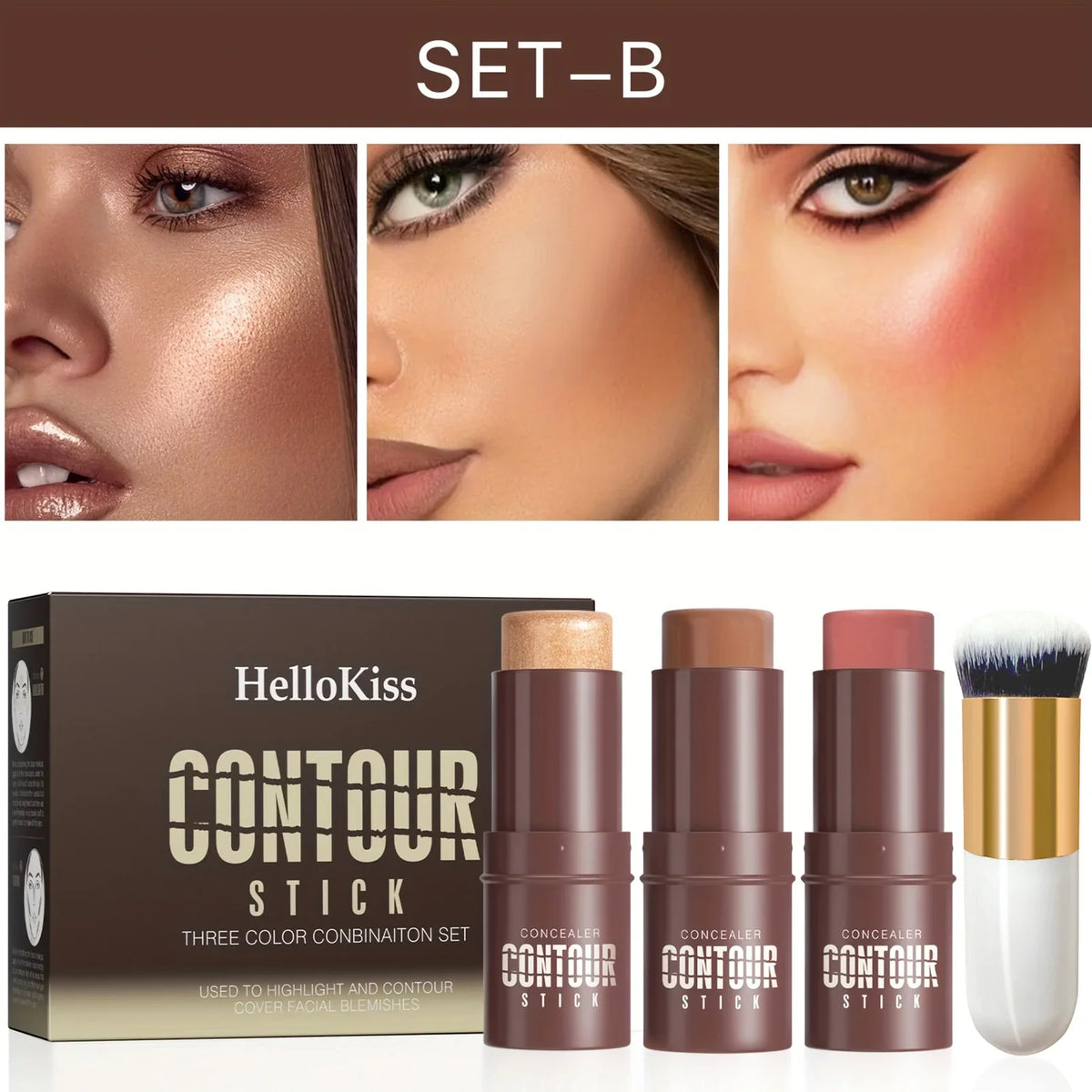 Set of 4 Blushimmer contour, highlighter, and blush sticks with contour brush for creating face contours, non-greasy cream formula.