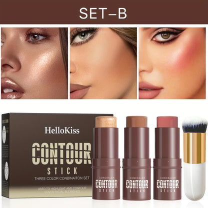 Set of 4 Blushimmer contour, highlighter, and blush sticks with contour brush for creating face contours, non-greasy cream formula.