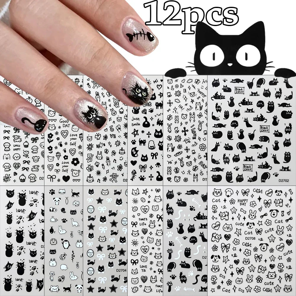 Cartoon black cat nail stickers set by Blushimmer featuring kawaii puppies, kittens, and playful nail art decals for kids' manicures.