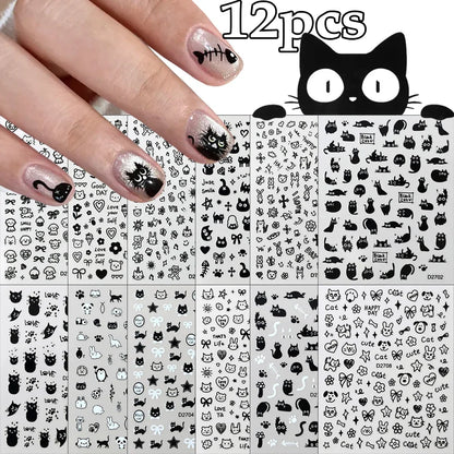Cartoon black cat nail stickers set by Blushimmer featuring kawaii puppies, kittens, and playful nail art decals for kids' manicures.