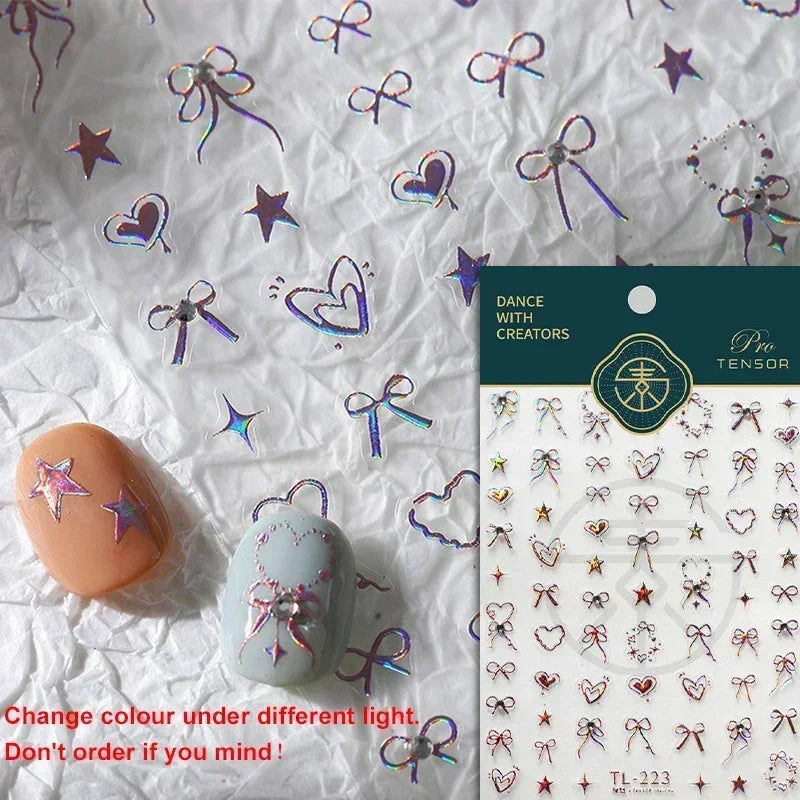 Colorful Cat's Eye 5D gradient European love heart gem nail art stickers with wing and geometric designs for manicure decoration.