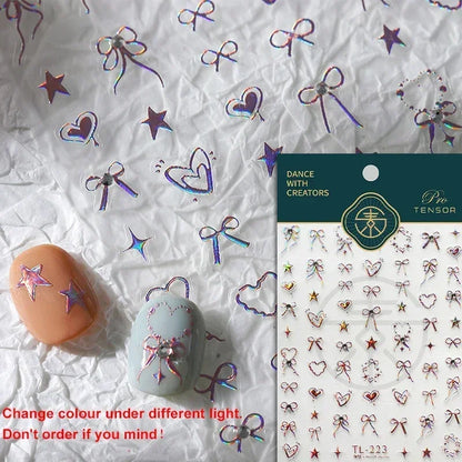 Colorful Cat's Eye 5D gradient European love heart gem nail art stickers with wing and geometric designs for manicure decoration.