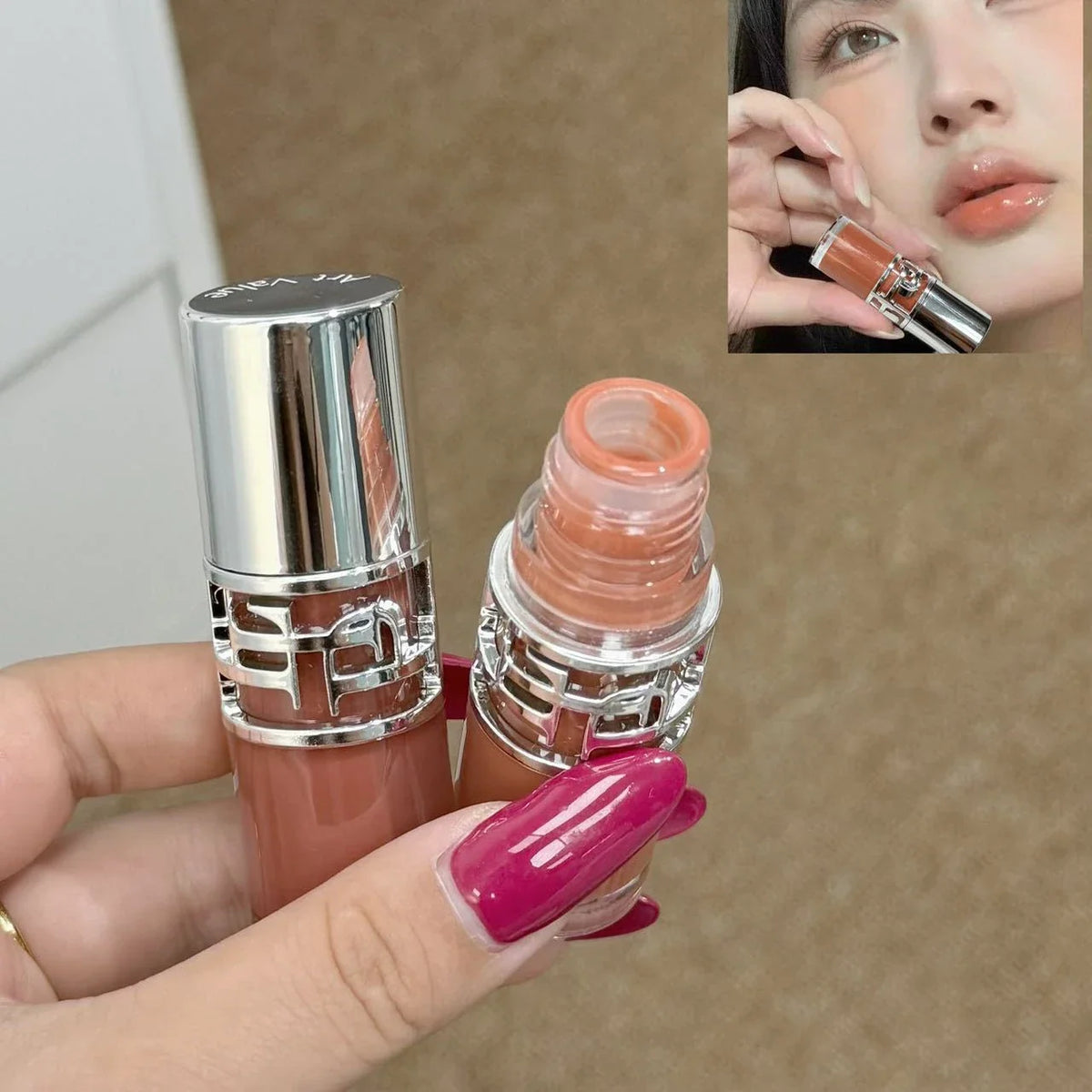 Blushimmer transparent moisturizing lip gloss with hydrating formula, glossy finish, and mirror for easy application.