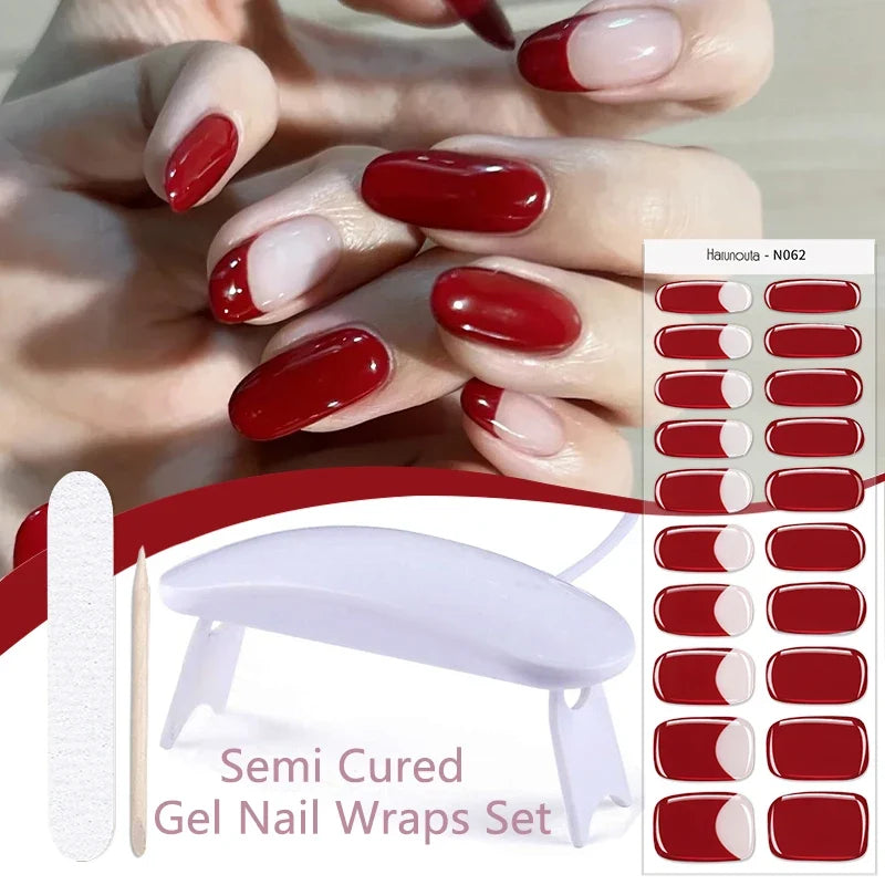 Blushimmer Harunouta 4-piece gradient jelly semi-cured gel nail strips in nude pink with waterproof, long-lasting nail stickers and lamp.