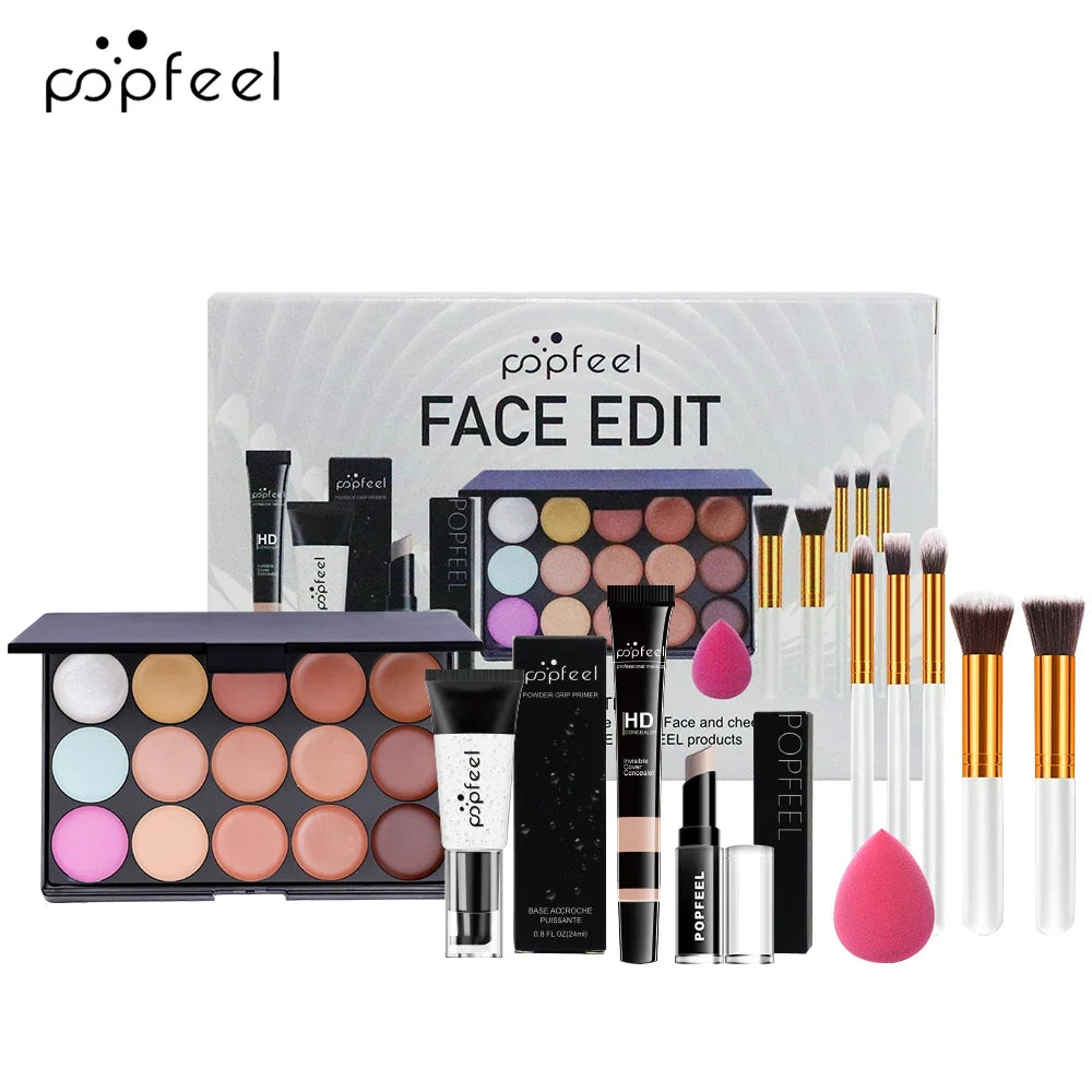 Blushimmer POPFEEL 10-piece face makeup set with foundation, concealer, and brushes for beginner-friendly, flawless makeup application.