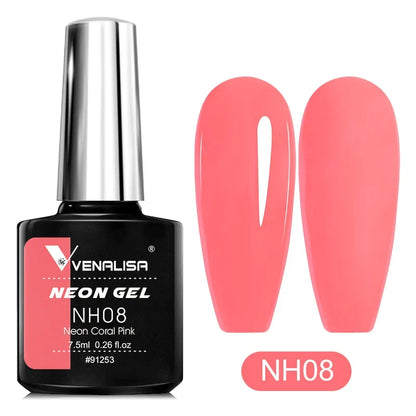 Bright neon pink UV gel nail polish by Blushimmer, featuring vibrant summer color and glossy, fluorescent finish for nail art.