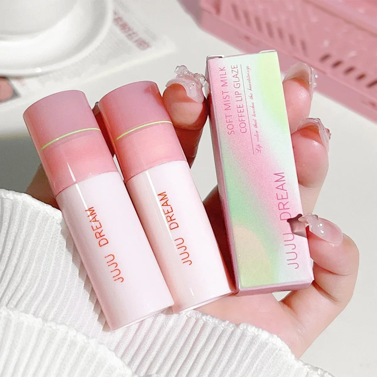 Blushimmer JUJU Dream Small milk tube lip gloss in airy white with matte finish, velvet texture, and lifting effect.